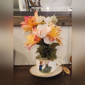 Vintage Cup & Saucer With Faux Flowrrs And Moss